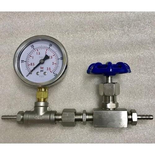 Pressure gauge plus three-way pagoda connector, stainless steel connector, stainless steel needle valve pressure 3.5bar