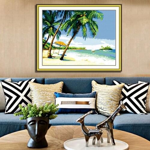 HUACAN DIY Embroidery Beach Cross Stitch Seaside Scenery Kits 14ct 11ct White Canvas Cross Stitch City Set Needlework Gift