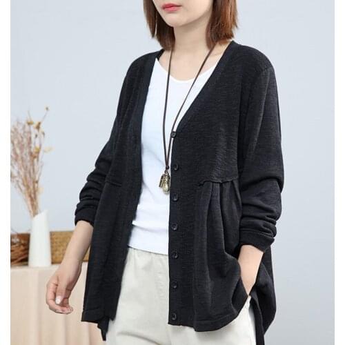 Cotton and Linen Knit Cardigan Womens Solid Color Stitching Temperament Outside Spring Clothes New Loose Thin Coat Female Tops