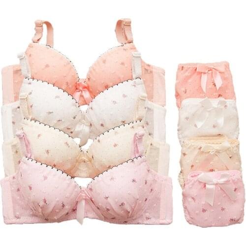 Dot Floral Girl Bra Underwear Set Cotton Lace Student Underwear for 12-16year Teenage Girl Bra 32 34 36 Wire Free Adjustment Bra