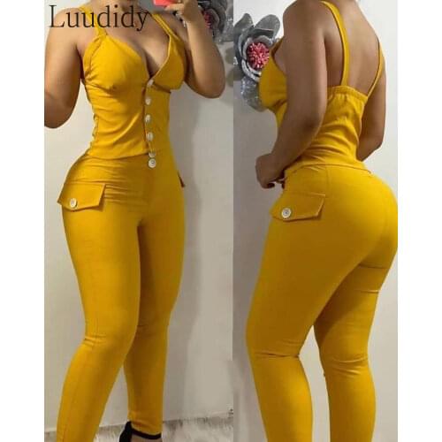 Summer Womens Two Pieces Sets V Neck Spaghetti Strap Button Design Skinny Sexy Cami Vest Top and Pencil Pants Set