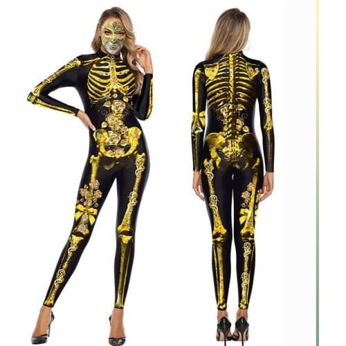 Halloween 3D Printed Scary Skeleton Jumpsuit Costume Adult Women Party Cosplay Horror Body Structure Catsuit Siamese Romper 2021