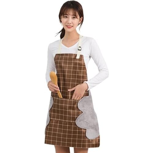 Kitchen Apron Wipeable Hand-wiping Waterproof Plaid Nail Shop Kitchen Oil-Proof Apron For Women Cooking