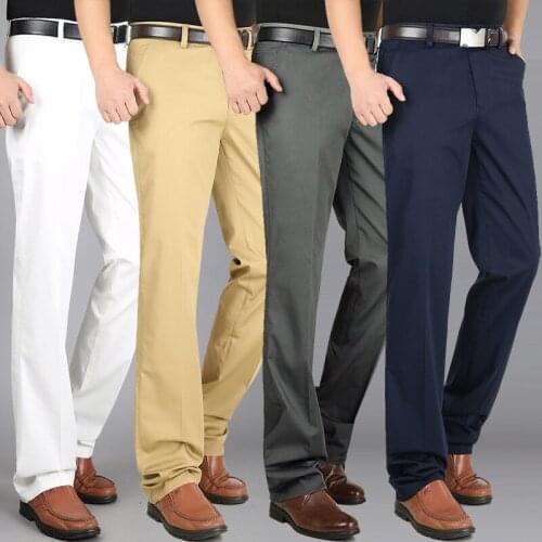 Summer Mens Casual pants Stretch Cotton High waist Loose Business Straight pants Thin Middle-aged Mens Casual pants