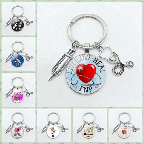 Medical Syringe Stethoscope Keychain Doctor Tool Pendant Nurse Doctor Gift Round Glass Pendant Keychain Accessories