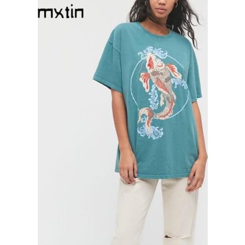 MXTIN 2021 Women Summer Vintage Fish Print T Shirt Fashion Casual Tops Tees Short Sleeve O Neck Female Harajuku Ladies T-Shirt