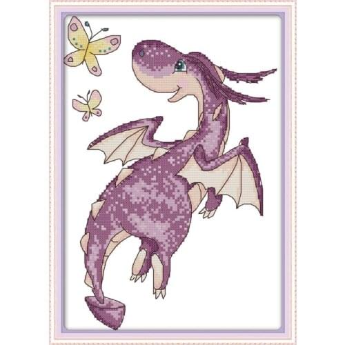 Joy Sunday The Purple Little Dragon 11&14CT DIY Animal Printed Cross Stitch Kits Needlework Sets For Embroidery Kits Home Decor