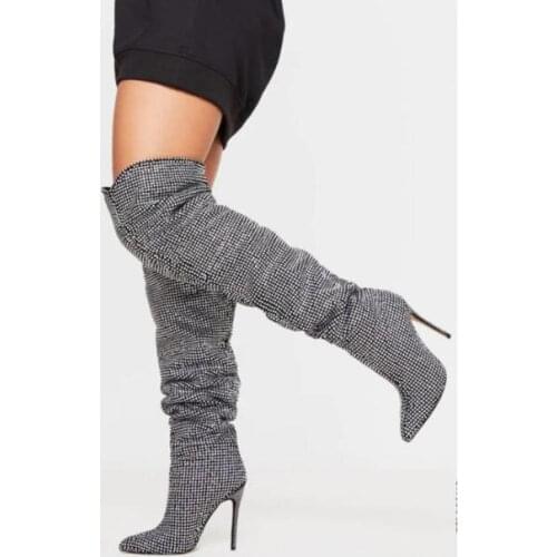 New Women Sliver Full Rhinestone Bling Over The Knee Pleated Boots Ladies Run Way Thin Heels Pointed Toe Slip On Tube Long Botas