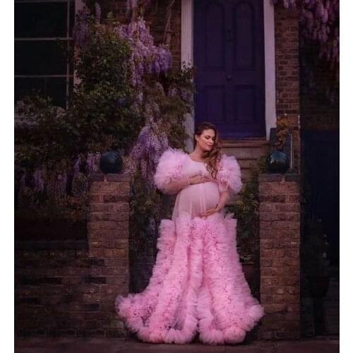 Pink Extra Puffy Tulle Maternity Gowns For Photo Shoot Long Sleeves Ruffles Tiered Custom Made Pregnancy Dresses