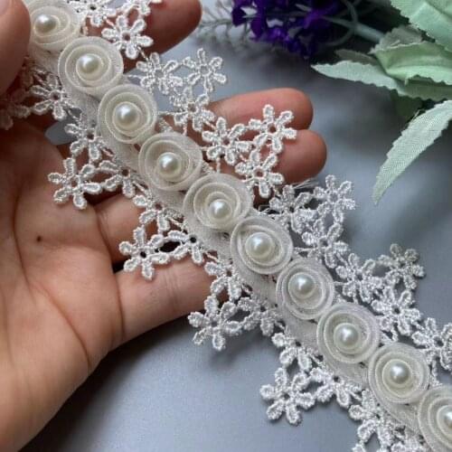 2 Yards Soluble Ivory Tassel 3D Pearl Floral Embroidered Lace Trim Applique Fabric Ribbon Sewing Craft For Wedding Costume Hat