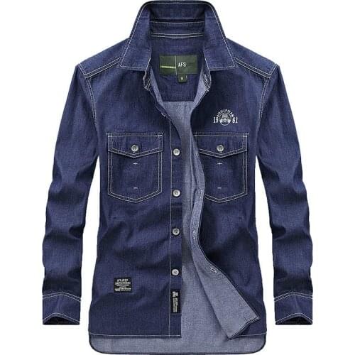 Plus Size 5XL Denim Shirt Men Pure Cotton Camiseta masculina Military Style Mens Shirt Long Sleeve Cowboy Mens Shirts