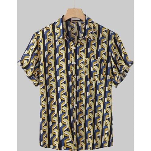 Summer Mens Shirts Casual Loose Short Sleeve Print Button Turn-Down Shirt Regular-Fit Top Fashion Beach Shirts Chemise Homme