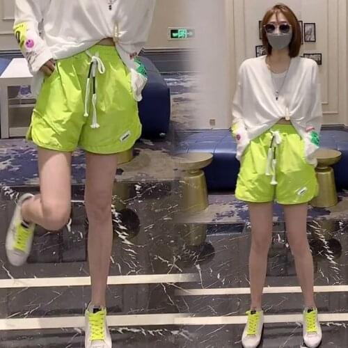 Summer Women New Trendy Brand Quick-drying Hot Pants Neon Green Fashion Ladies Casual Elastic Waist Drawstring Hem Split Shorts