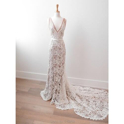 Real Made Wedding Dress Nude Lining V Neck Crochet Lace Bohemian Sleeveless Backless Bridal Gown Vestido De Noiva Mariage