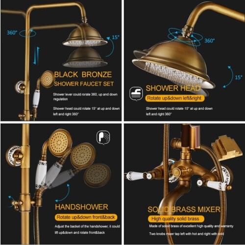 Vidric Vidric Antique Brass Shower Faucet Set Porcelain Deco Bathtub Shower Kit Spray Dual Knobs Mixer Tap Swivel Tub Spout