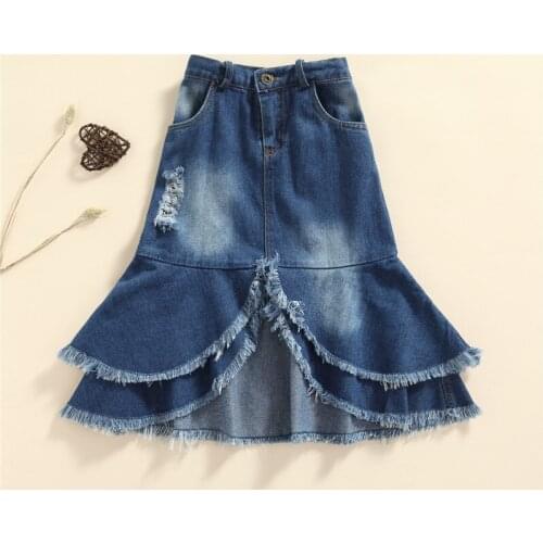 2-7 Years Girls Jean Hole Midi Skirt With Tassels Middle Waist Irregular Hem Ripped Denim Skirts For Girls Blue Casual Skirts