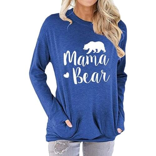 Women Fashion Letter Printed Loose Casual Long Sleeve Round Neck Pocket Shirts Blouses Tops