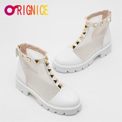 Orignice Platform Thick Heels Cool Ankle Boots Women Designed Hollow Out Breathable Mesh Rivet Decoration Sandals Shoes Big Size