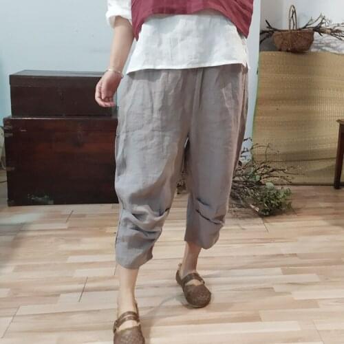 Women Ramie Loose Elastic Waist Calf Length Pants Ladies 2020 Ramie Trousers Female 2020 Washed Pants