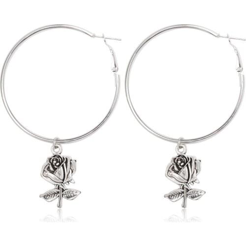Vintage Bronze Silver Plated Rose Flower Pendant Women Retro Big Circle Hoop Earrings