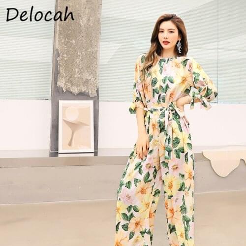 Delocah New 2021 Summer Women Fashion Runway Jumpsuit Lantern Sleeve Bow Sashes Floral Print High Waist Wide Leg Trousers Romper