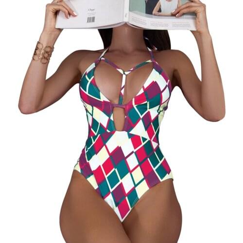 Women Summer Swimsuit, Multicolor Plaid/Dragon Print Tied Halter Neck Sleeveless Backless Swimwear for Girls, 7 Colors