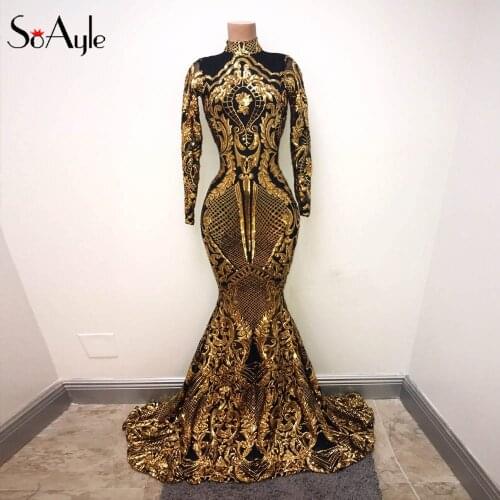 SoAyle Luxurious Mermaid Prom Dresses Long Sleeves Dubai Sequined Gold Black Dresses 2018 vestido de noiva Longo abiye H