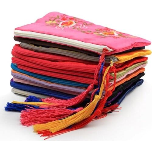 Tassel Embroidered Zipper Coin Purse Jewelry Gift Pouches Craft Packaging Silk Satin Bracelet Bead Necklace Trinket Storage Bags