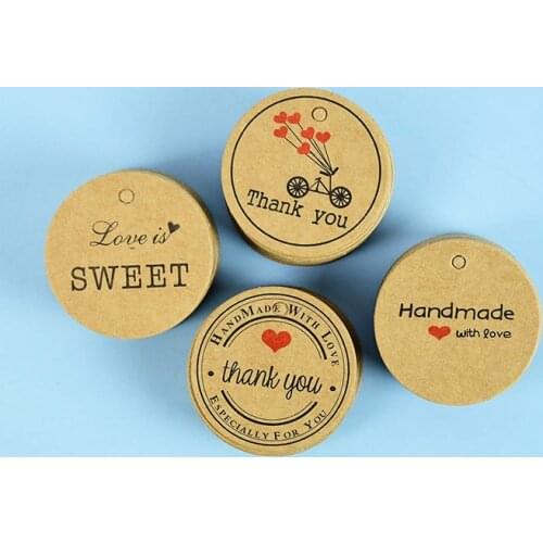 100Pcs Handmade Round Kraft Paper Gift Labels "Thank You" Hang Tags Wedding Birthday Holiday Party Decor DIY Scrapbook Craft