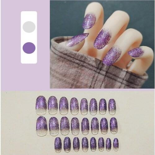 24pcs Glitter Coffin Fake Nail Patch Gradient Color Glue Type Removable Long Paragraph Fashion Manicure False Nail Patch -VL16