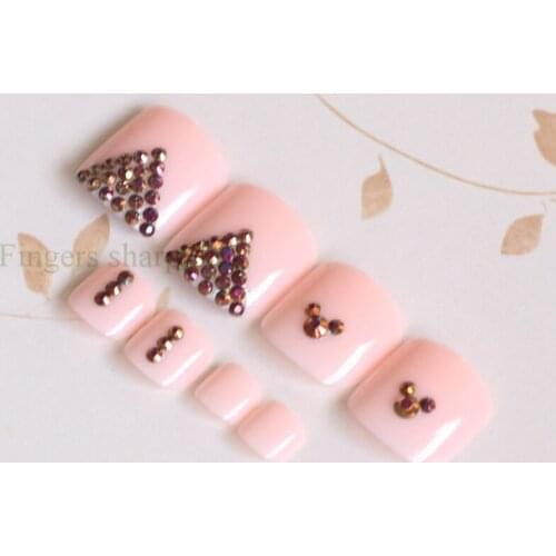 24pcs High-grade fashion full drill handmade round toe fake nail sexy light pink #N50