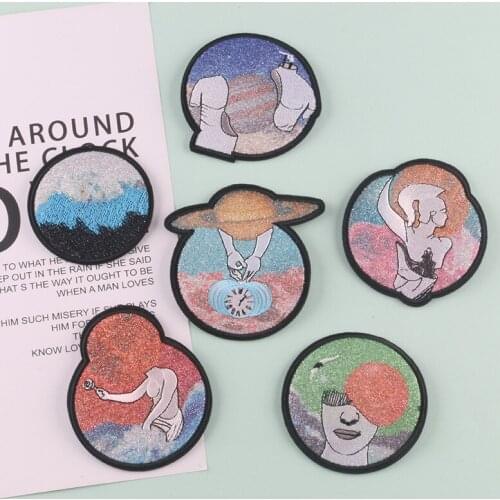 Abstract Art Embroidery Patches Clothing Thermo Stickers Human Body Planet Badges Iron on Round Shiny Appliques Sewing Patterns