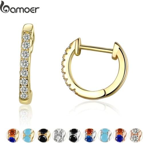 Bamoer 14K Gold Plated 925 Sterling Silver Cuff Earrings with Cubic Zircon, 10 Colors Huggie Stud for Women Girl SCE498