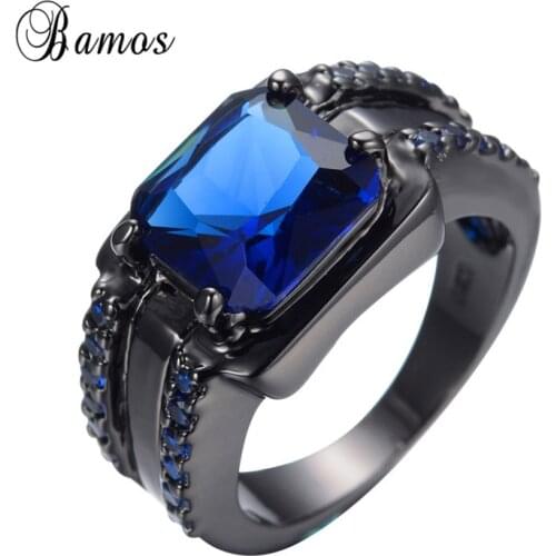 Bamos Female Male Square Blue Cut Ring Vintage Big Stone Ring For Women Men Black Gold Filled Crystal Jewelry Size 6-12