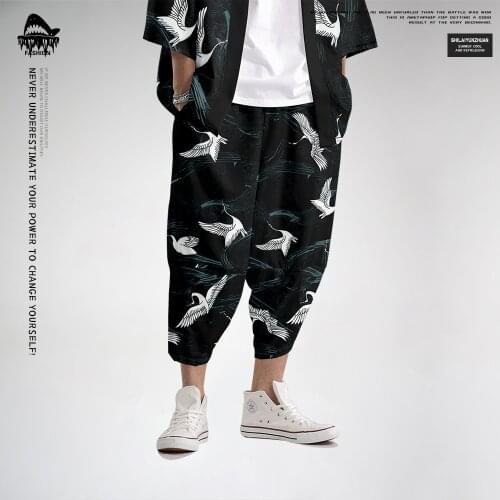 Black Harem Pants Men Casual Hip Hop Trousers Crane Print Pants Joggers Streetwear Oversize 6XL