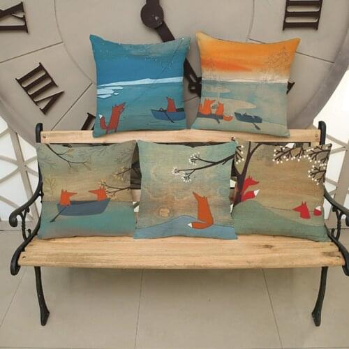 Cartoon Romantic Animals Couple Fox Rowing Fly Kite Design Throw Pillow Case Home Sofa Chair Decorative Cushion Cover 45x45cm