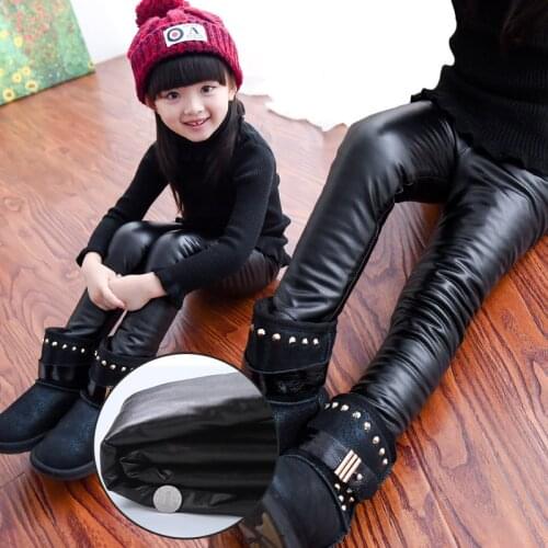 Kids Winter Pants For Girls Leggings Girl Warm Pants Grls New Year Fille PU Leather Black Thermal Underwear For Children size 12