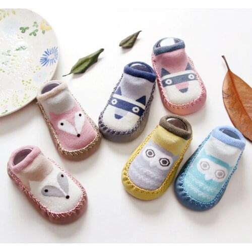 Baby shoes socks Children Infant Cartoon Fox Owl Socks Toddler Indoor Home Socks Soft PU Leather Sole Sock Anti-slip Slippers
