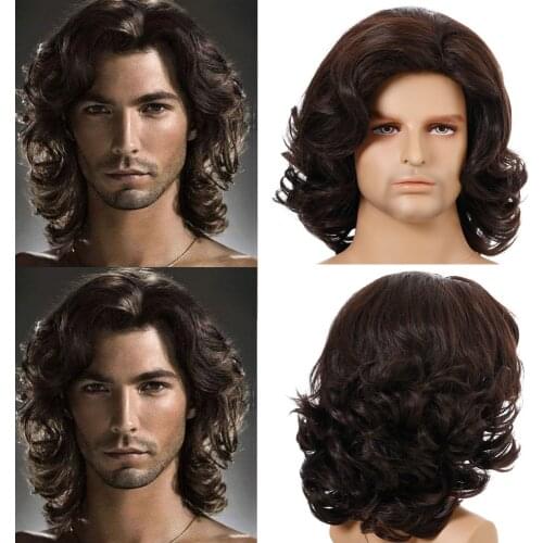 GURUILAGU Short Wavy Wigs for Men Machine Made Short Wig Male Synthetic Hair Cosplay Wig Heat Resistant Fiber Brown Black Wig
