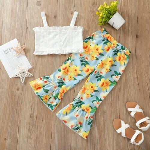Kids Girl Summer Outfit White Lace Tops Floral Bell-bottome Pants 2pcs Clothes Set Children Clothing Sunset