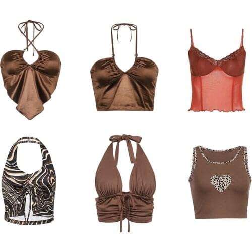 Summer Hot Retro Women Crop Tops Y2K Aesthetic Sexy Cute Halter Brown Camis 2021 Fashion Casual Female Sleeveless 90s Corset Top