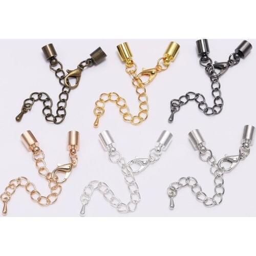 10pcs/Lot 3 - 10mm Tassel Round Leather End Tip Caps With Extending chain Lobster Clasps Hooks Connectors For DIY Jewelry Making
