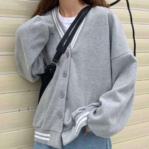 Jackets Women V-neck Striped Loose Harajuku Baseball Outerwear Casual Fashion Students Coats Spring Simple Daily Clothing Chic