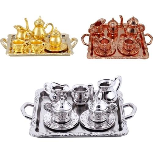 Dollhouse Miniature 1: 12 Toy 8 Pcs Metal Tea Set Length 6.5cm