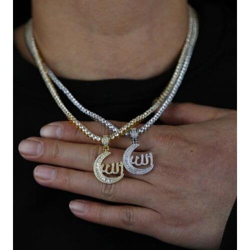 Iced Out Bling Hip Hop Men Jewelry 3mm CZ Tennis Chain 5A Cubic Zirconia Baguette Crescent Allah Pendants Necklace