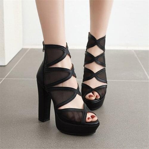 PXELENA Vintage Super High Heels Gladiator Sandals Women Mesh Peep Toe Hollow Out Punk Rock Gothic Shoes Black Beige Plus Size