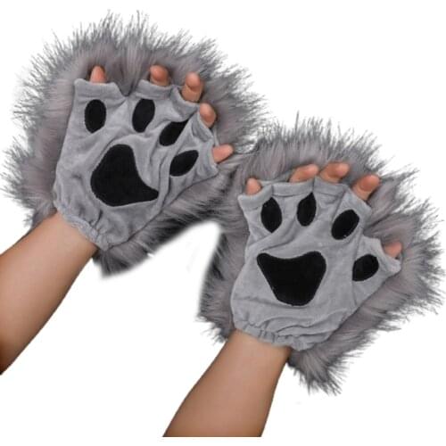 Q1FA 1 Pair Puffy Paw Gloves Half Finger Mittens Anime Lolita Gothic Furry Accessory for Animal Roleplay Long Fur Wolf Paws