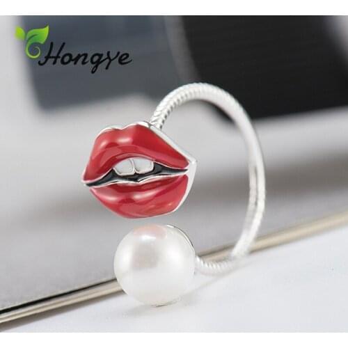 Hongye Personalized Red Lips Ladies Girl 925 Silver Natural Freshwater Pearl Big Bead Adjustable Finger Ring Accessories Fashion