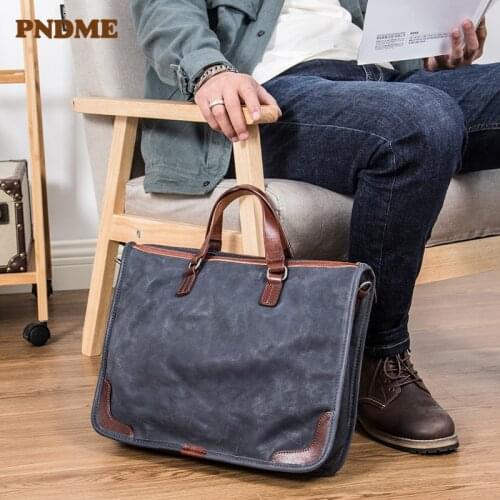 PNDME retro luxury mens business Genuine leather briefcase simple casual soft leather laptop bag shoulder messenger bag