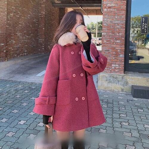 Spring women solid fur collar wool long sleeve coats lady pockets A-line outwear female double dreasted casual coats